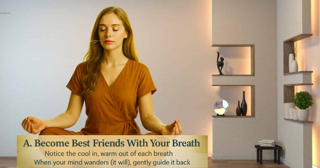 Close-up of a woman practicing mindful breathing for at home, to feel the breath