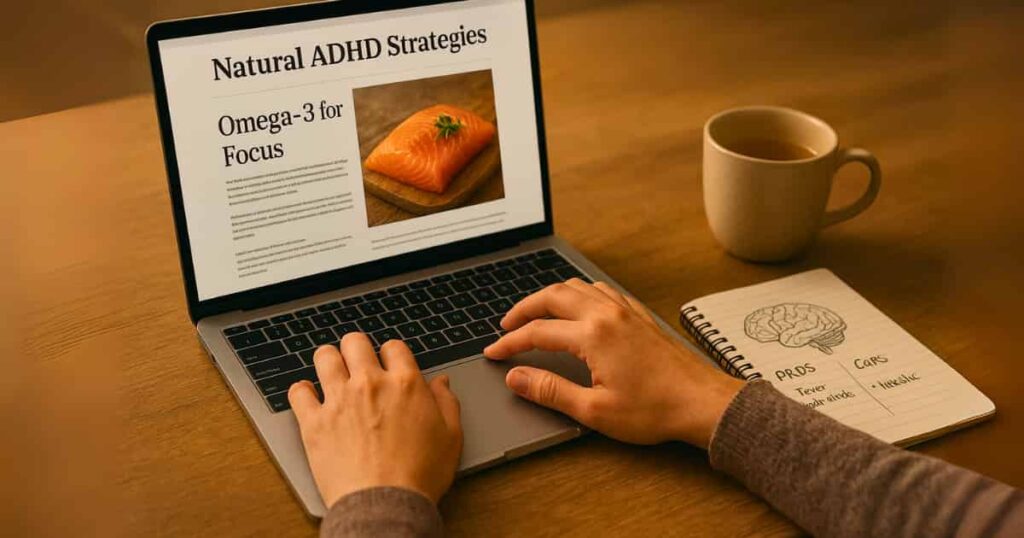 A person researching natural ADHD approaches on a laptop, with notes on holistic strategies and brain health.