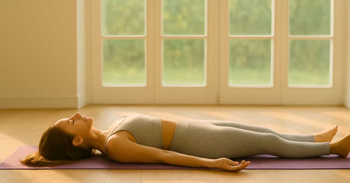 Woman in Savasana (Final Resting Pose) at the end of routine