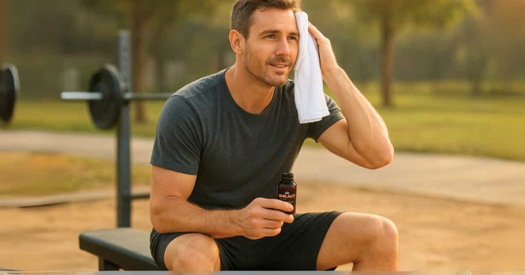 A man uses shilajit post-workout to support natural energy, recovery, and vitality, key benefits for men.