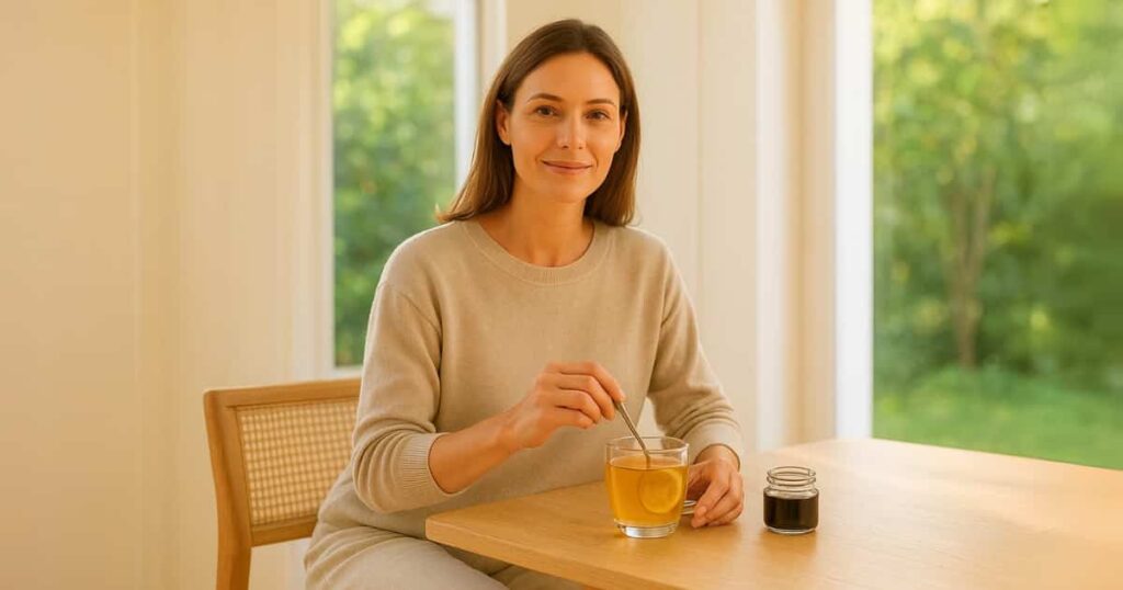 A woman adding  to her morning routine to support holistic energy, balance, and overall well-being.