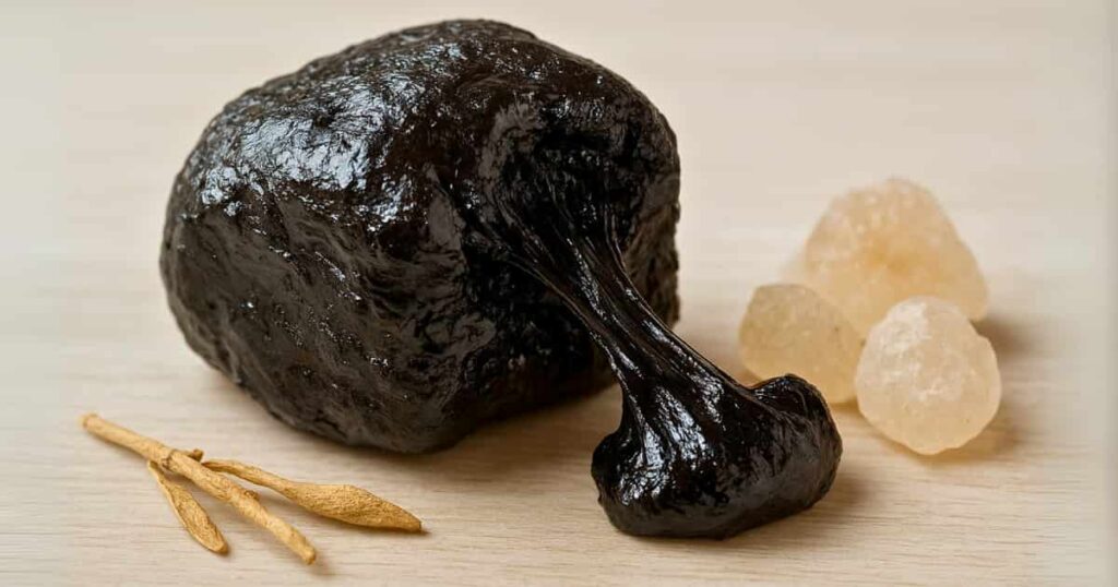 A close-up of raw, pure Shilajit resin with Himalayan crystals, highlighting its natural source and potent benefits.
