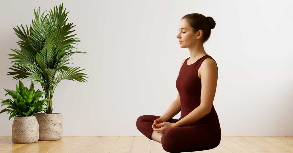 Side profile of a woman in deep meditation, practicing a simple technique at home, showcasing peace and focus in a serene setting