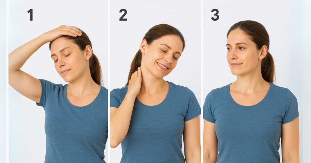 Three-step guide showing how to perform a lateral neck stretch for fast neck pain relief at home | Easy DIY physiotherapy.
