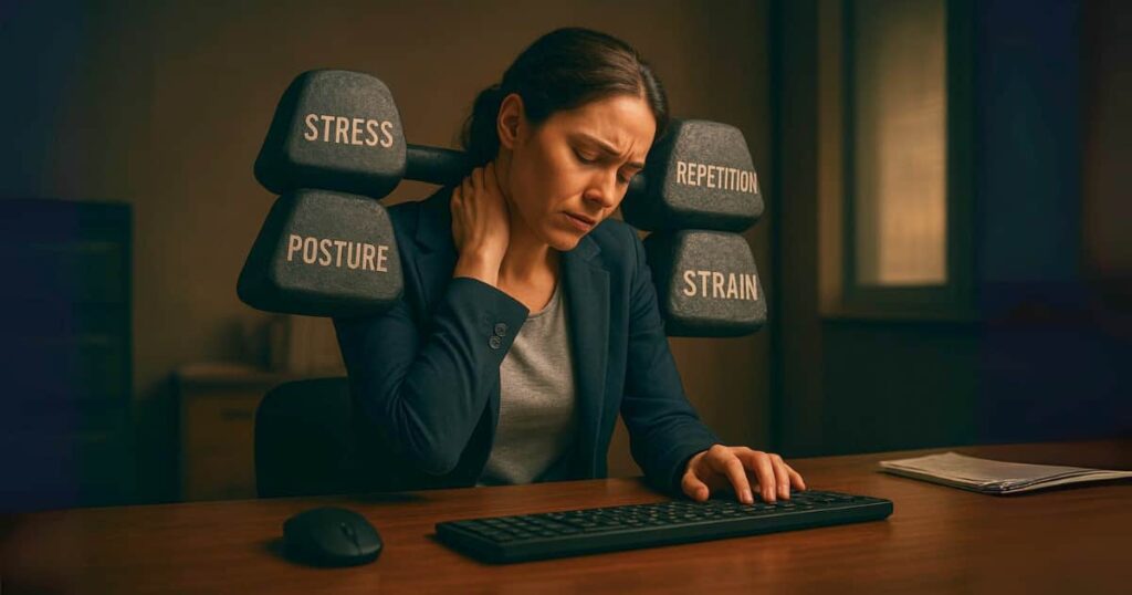for neck pain causes showing symbolic weights of stress and repetition on shoulders | Holistic relief requires addressing these factors.