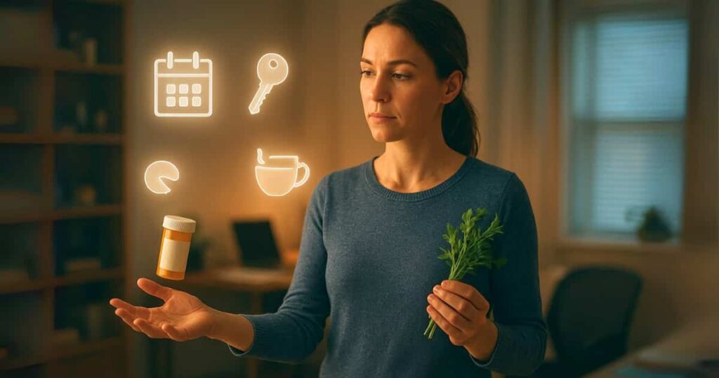 A woman juggling adult responsibilities while considering both for support.