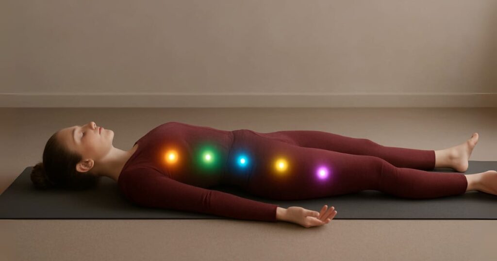 A young woman in Shavasana pose with glowing chakra points, practicing Yoga Nidra for deep relaxation, healing, and inner balance