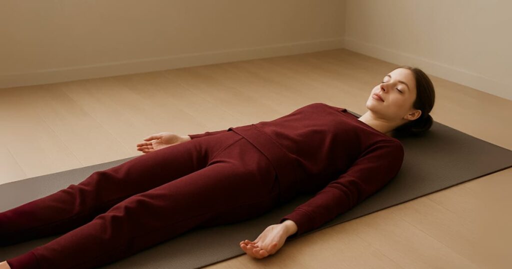 A young woman practicing Yoga Nidra for deep relaxation in Shavasana pose, wearing dark-red loungewear, lying peacefully on a yoga mat in a softly lit room