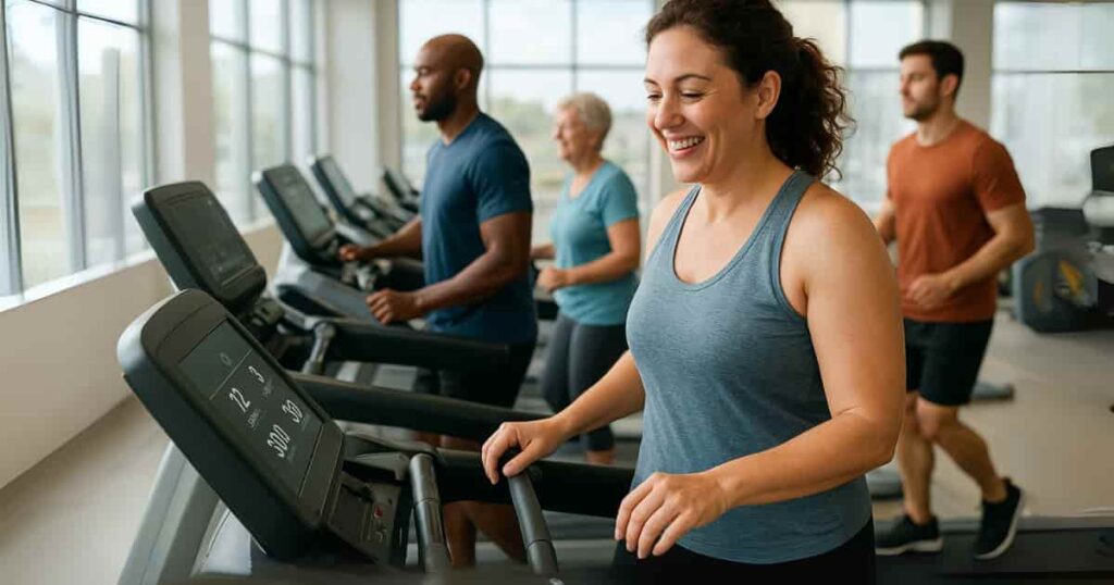 Woman smiling while doing the 12-3-30 treadmill workout, showing the console set to 12 incline and 3 speed.