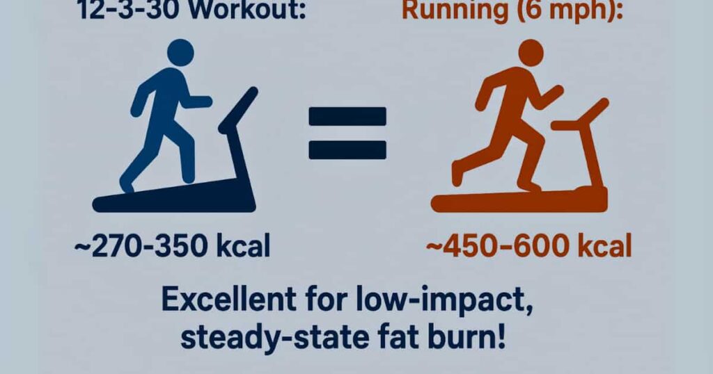 Infographic comparing calories burned by the workout versus running, highlighting its efficiency for low-impact fat burning.