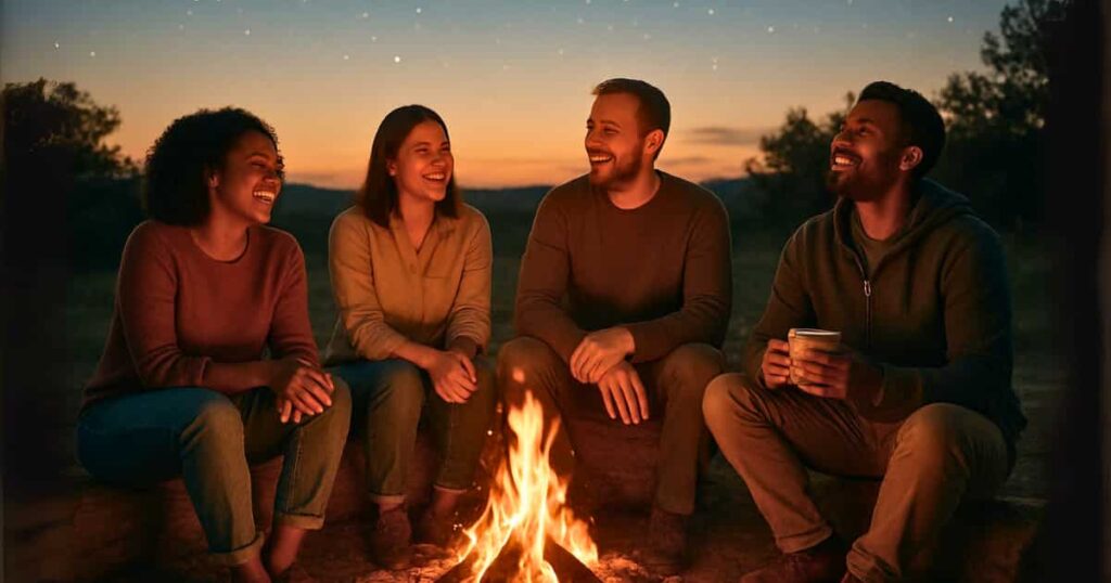 Group of people enjoying real-world connection and conversation at a digital detox retreat