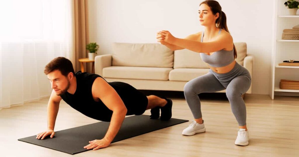 Man doing push-ups and woman doing bodyweight squats during calisthenics workout for beginners at home without equipment