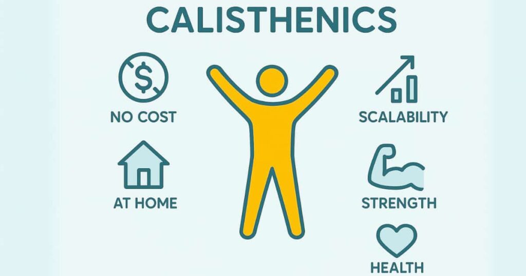 Infographic explaining the benefits of calisthenics for beginners: no cost, home workouts, scalability, strength, and health.