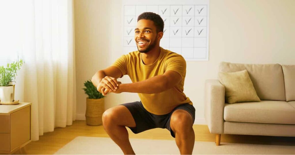 Motivated beginner tracking progress on calendar at home, showcasing consistency tips for bodyweight workouts