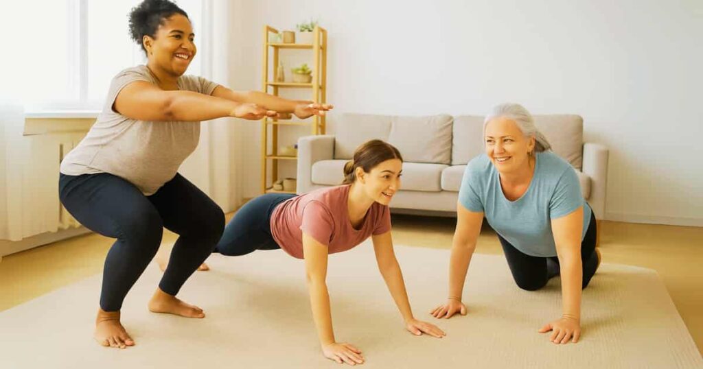 Diverse group of women enjoying a beginner calisthenics workout together at home, showcasing strength and community.