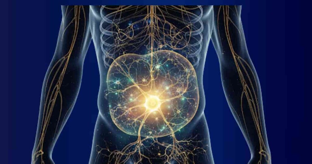 Gut health as a superpower - conceptual image of the gut microbiome as a neural network inside the human body.