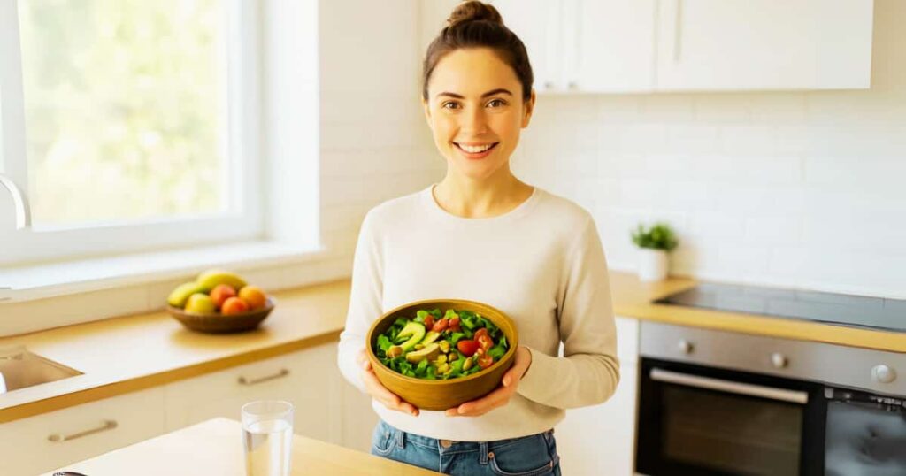 A happy fair-skinned woman with a bun prepares a healthy, colorful salad as part of a natural diet to lose belly fat.