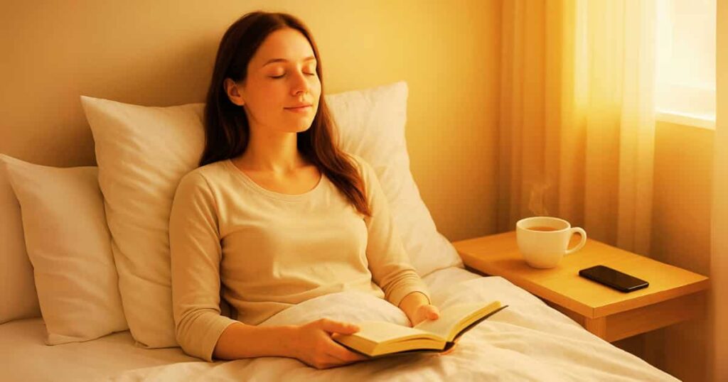 A serene young woman with fair skin and blue eyes practicing good sleep hygiene and stress reduction by reading a book in bed, key to losing fat naturally.