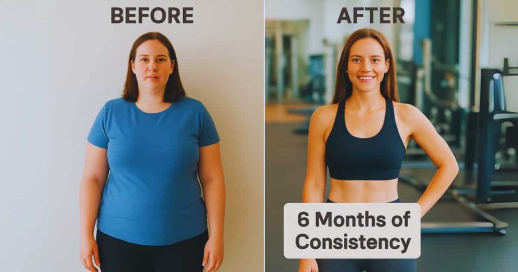 Realistic 12-3-30 workout before and after results photo showing improved fitness and tone after 6 months of consistent workouts.