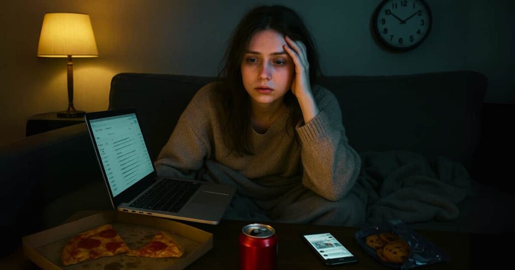 A tired young woman with fair skin and blue eyes experiencing common causes of belly fat like stress, late nights, and poor diet choices while lounging at home.