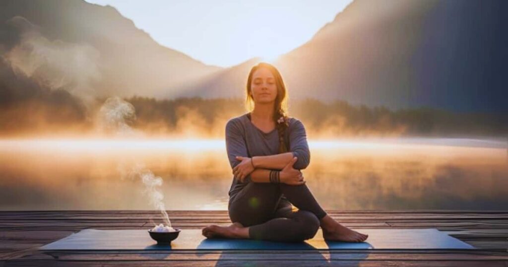Woman practicing yoga and meditation in nature at sunrise for a spiritual using sage instead of a phone.