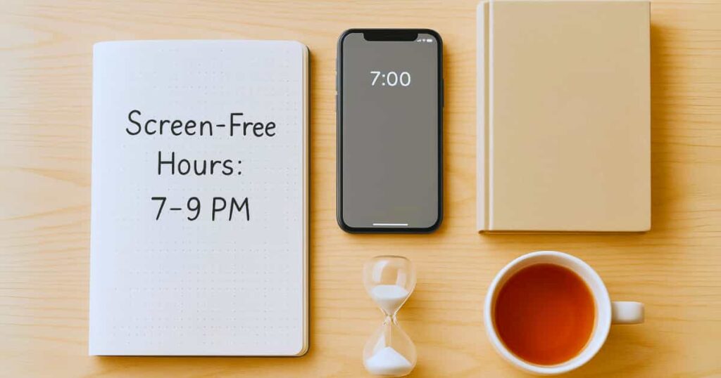 Easy and stress-free strategies: scheduling screen-free time, using grayscale mode, and setting timers.
