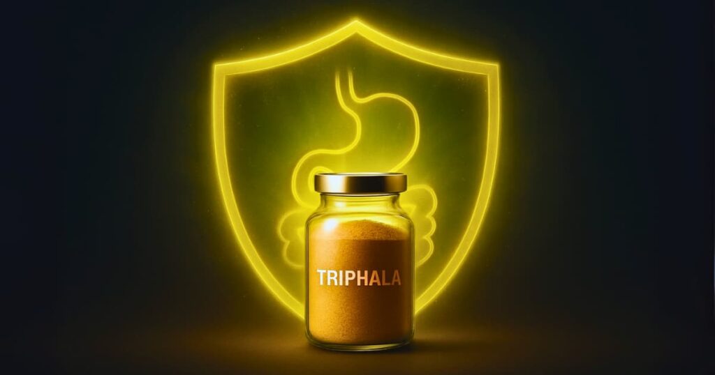 Triphala as a gut health superhero - conceptual image of a protective shield guarding the digestive system.