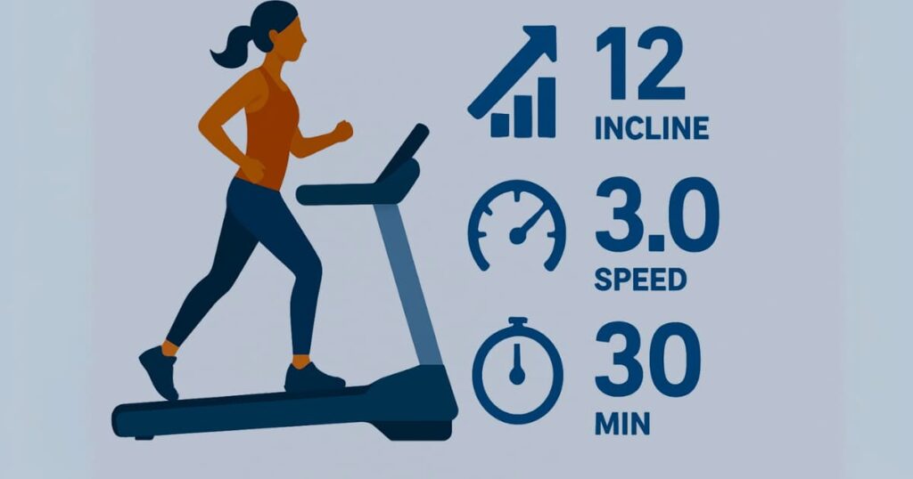 Infographic explaining the 12-3-30 workout: 12% incline, 3.0 speed, 30-minute duration.