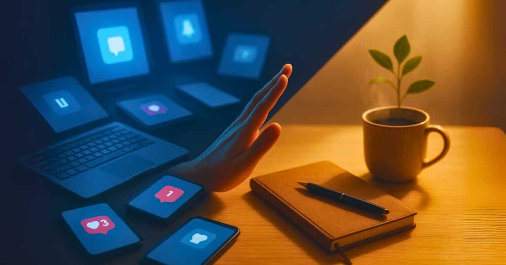 Visual definition of a digital detox: consciously disconnecting from digital devices to reduce stress and focus on real-life moments.