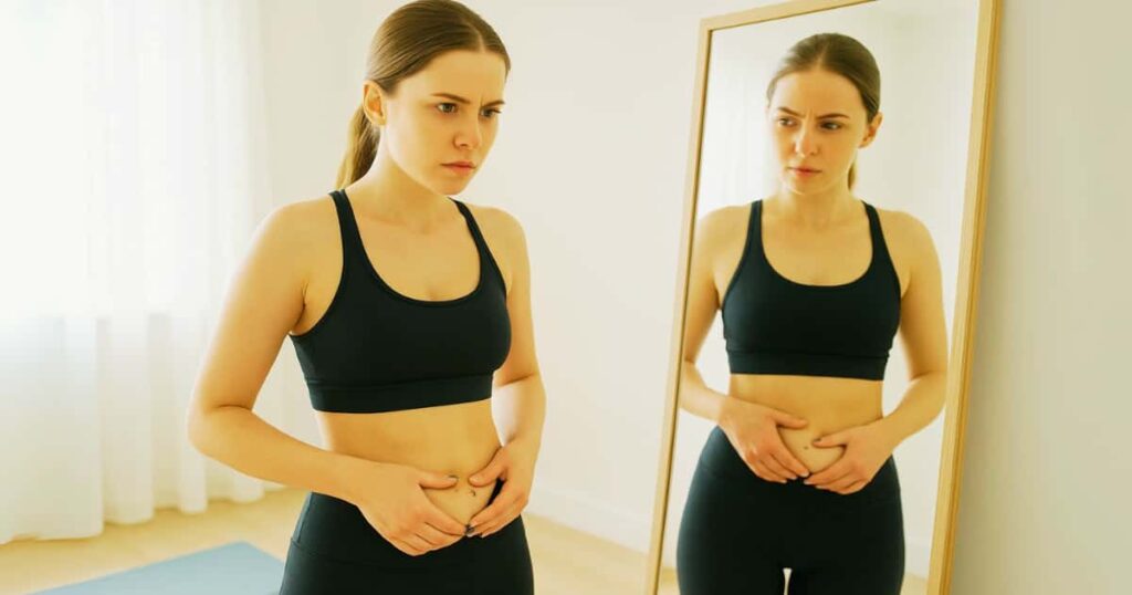 A determined young woman with fair skin and blue eyes starting her natural journey on how to lose belly fat, reflecting in a mirror at home.