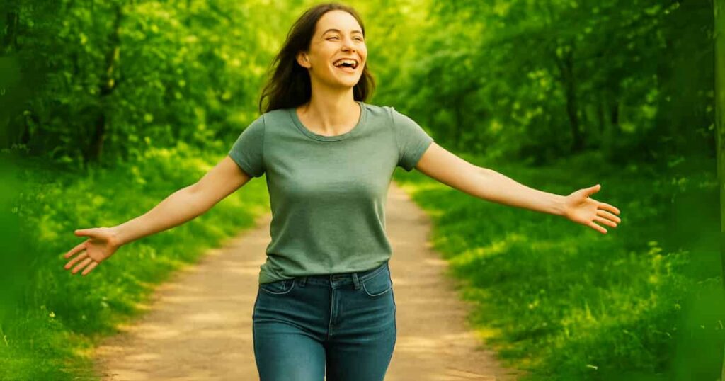 A happy, fair-skinned woman with a ponytail and blue eyes jogging in the park, demonstrating enjoyable daily exercise to lose naturally.