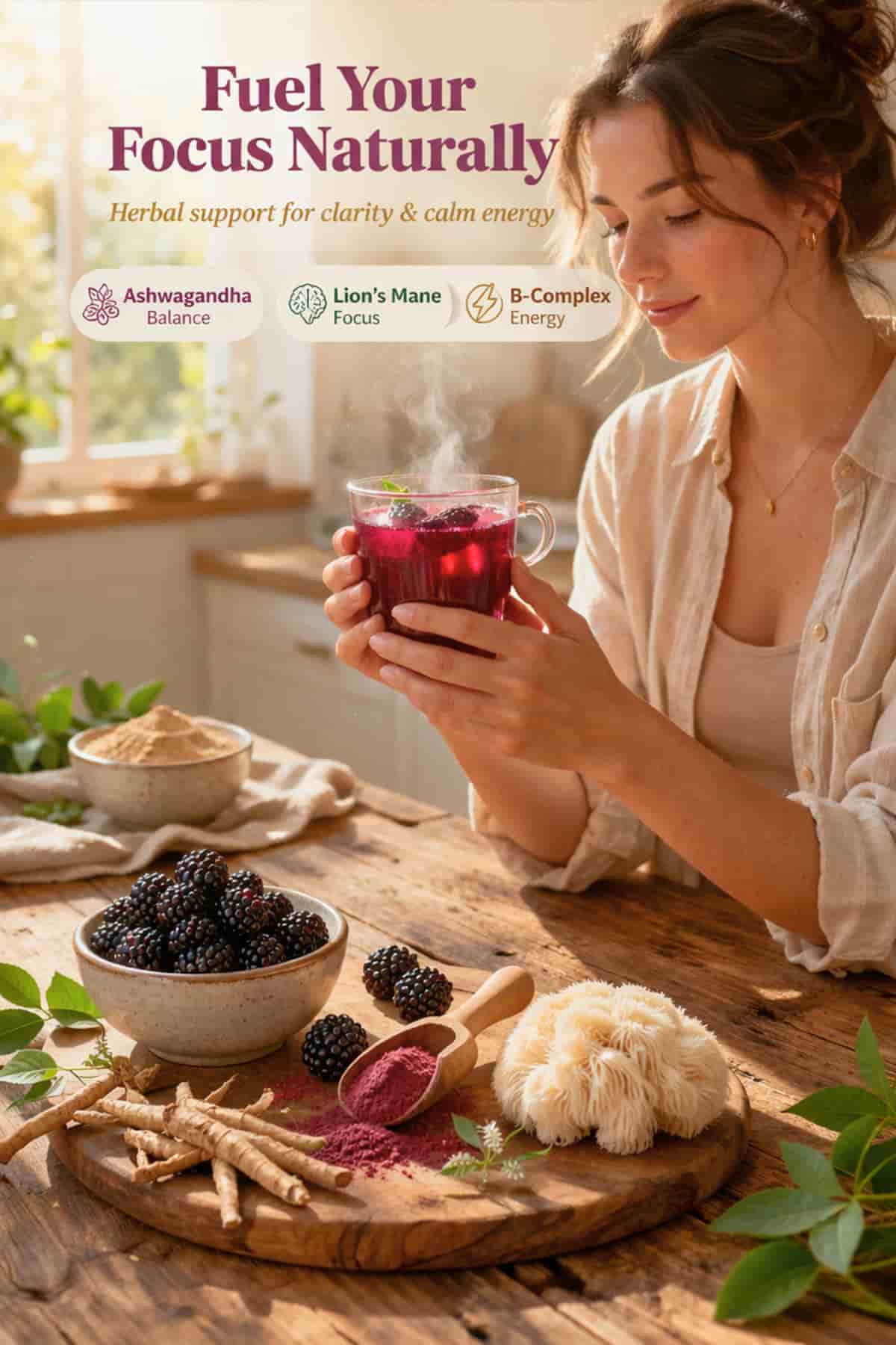 Herbal drink with natural ingredients for focus energy and mental clarity with plant based nutrients