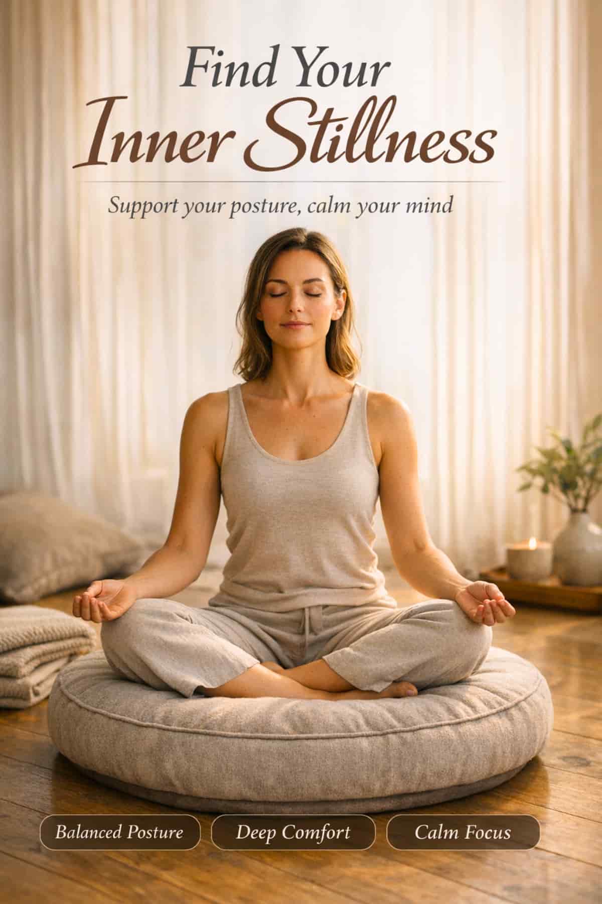 Meditation cushion for floor seating supporting posture comfort and relaxation during mindfulness practice