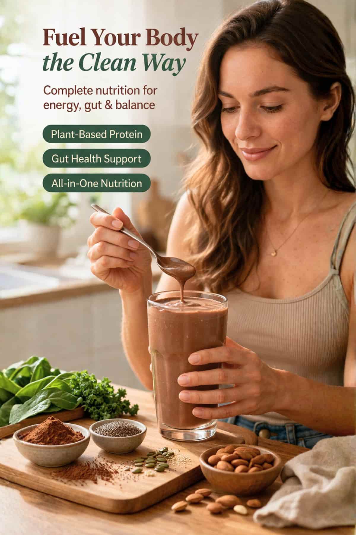 Plant based meal replacement smoothie for gut health energy and complete daily nutrition with natural ingredients