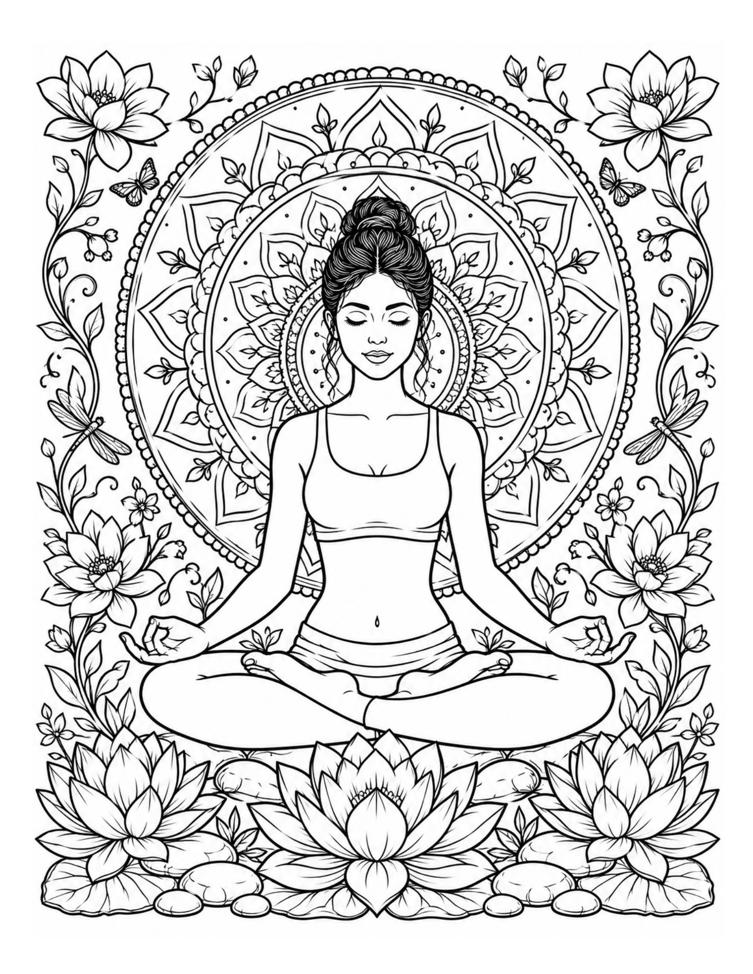 Seated meditation yoga coloring page with a circular floral mandala, lotus flowers, butterflies, and botanical line art