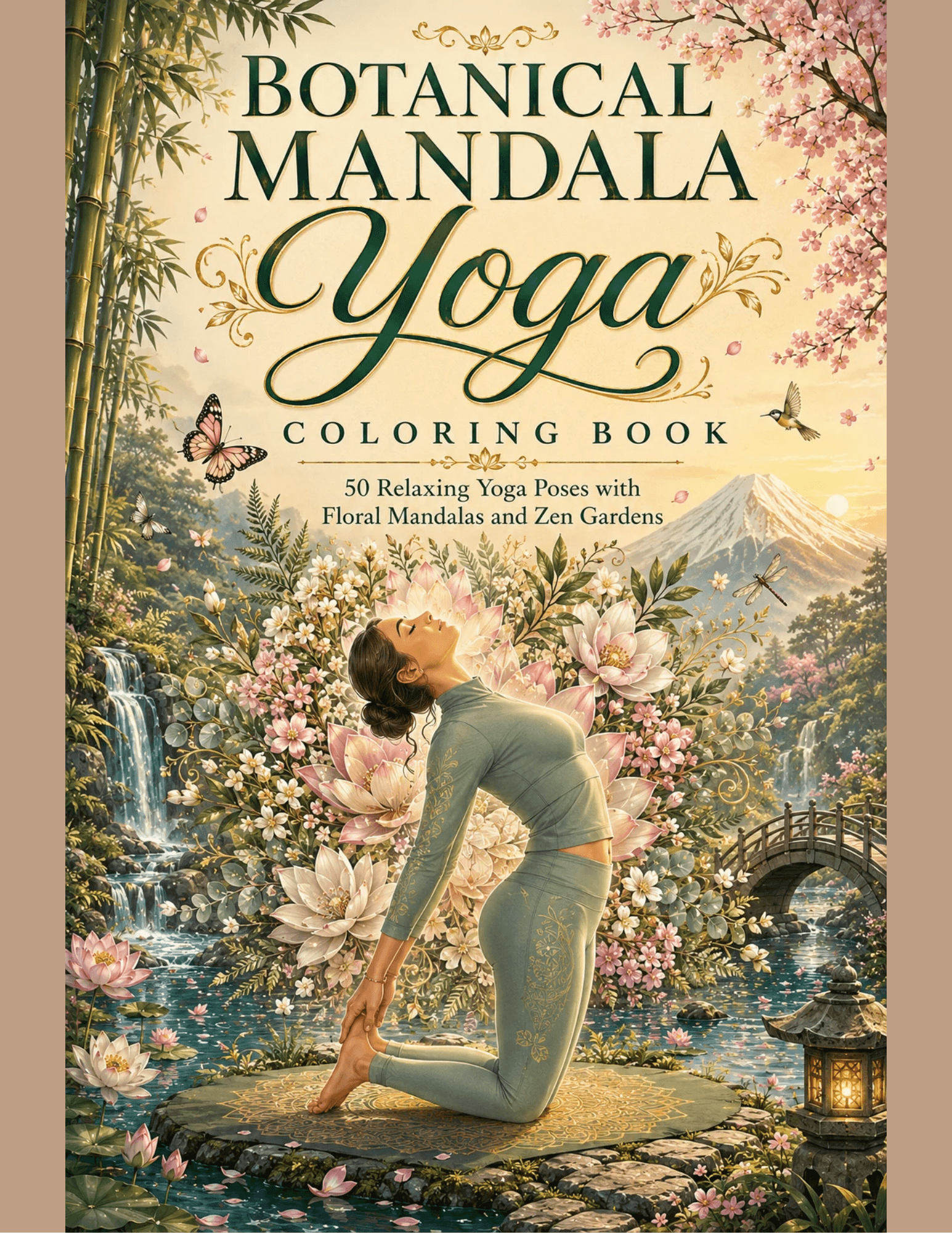 Botanical Mandala Yoga Coloring Book cover featuring a yoga pose, floral mandalas, lotus flowers, waterfalls, and Zen garden scenery