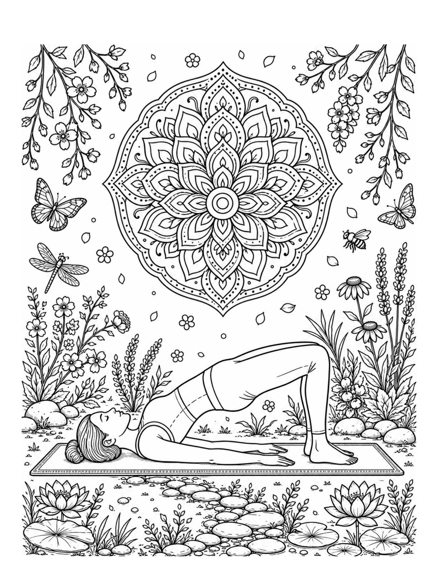 Black-and-white bridge pose yoga coloring page with a floral mandala, butterflies, wildflowers, lotus plants, and garden scenery
