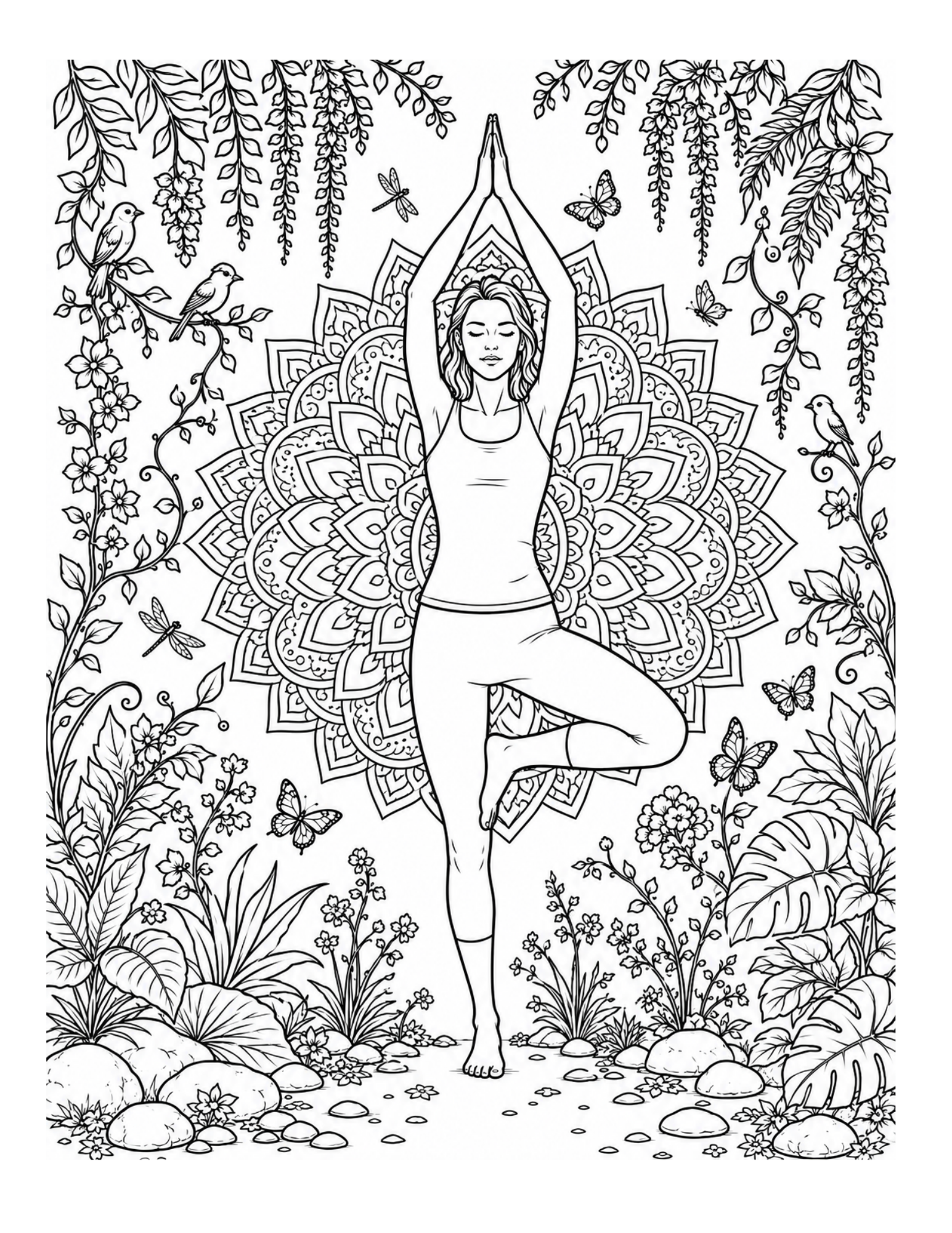 Printable black-and-white yoga coloring page with a standing tree pose, large floral mandala, butterflies, birds, and botanical vines