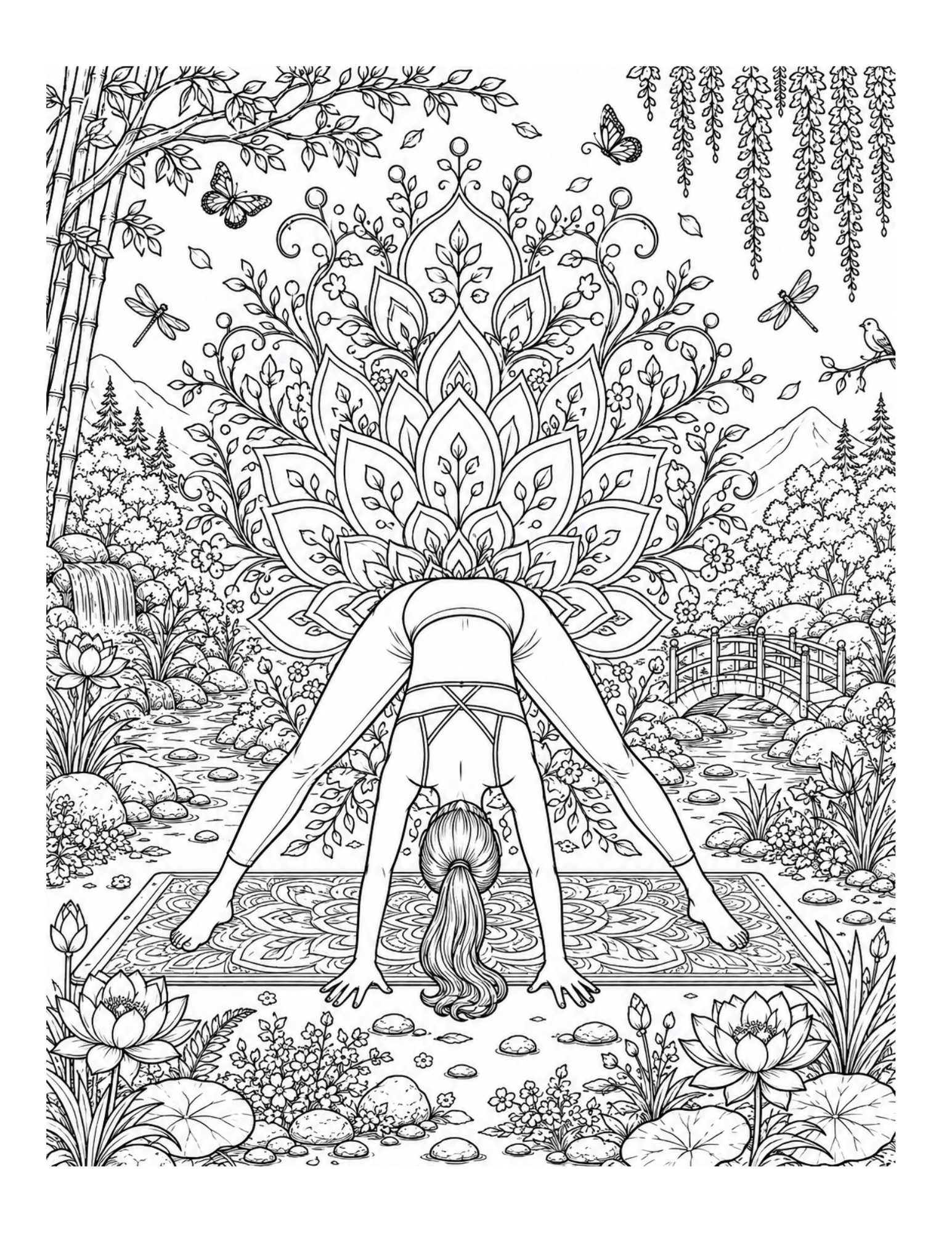 Black-and-white forward-bend yoga coloring illustration with a botanical mandala, bamboo, waterfall, garden bridge, and lotus flowers