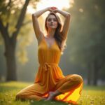 Beautiful 23-year-old girl with fair skin and blue eyes practicing yoga outdoors at sunrise, symbolizing 20 types of yoga.