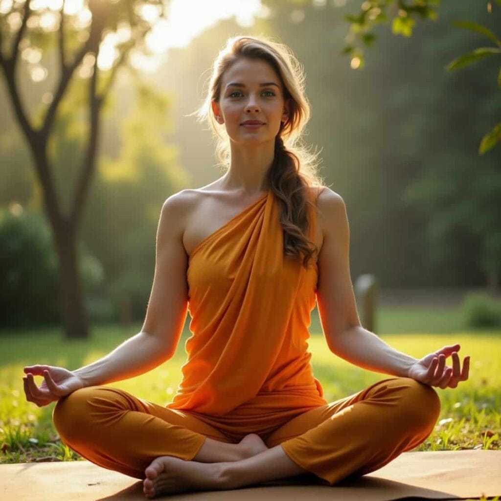 A young woman in a saffron yoga outfit practicing a variety of yoga poses outdoors in the early morning sunlight, representing a peaceful and energizing 30-minute-morning-yoga-routine-for-beginners