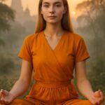 Young woman practicing traditional 4 types of yoga outdoors at sunrise in meditative pose wearing saffron dress