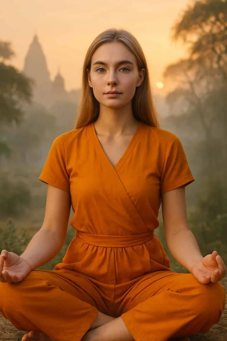 Young woman practicing traditional 4 types of yoga outdoors at sunrise in meditative pose wearing saffron dress