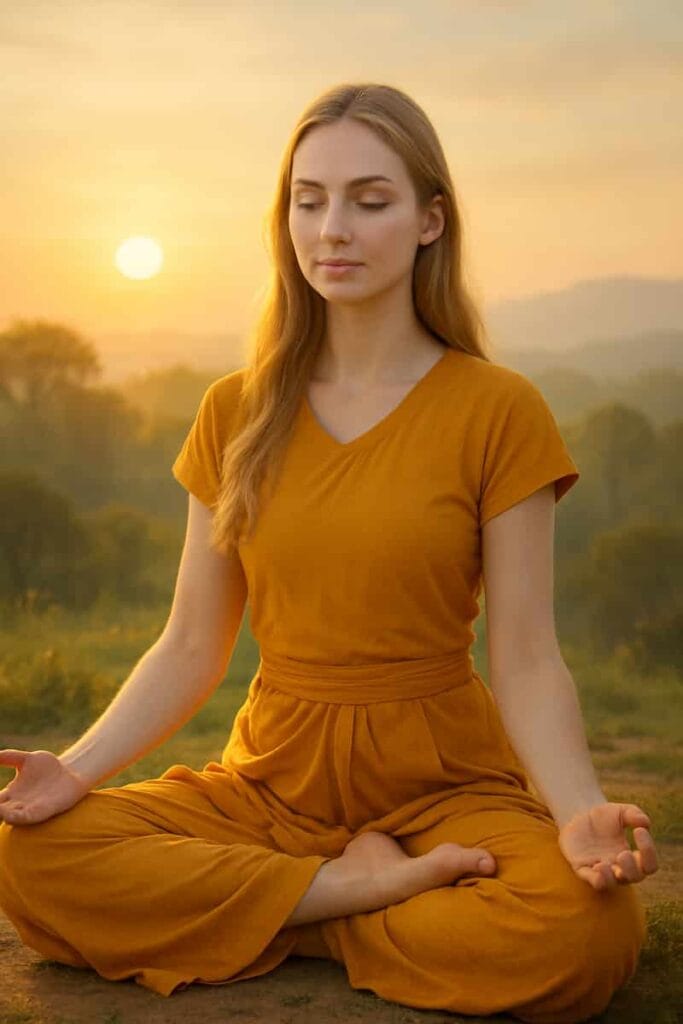 4 types of yoga foundations traditional practice with young woman in lotus pose at sunrise