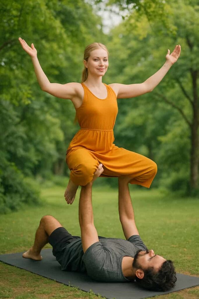 Beautiful 23-year-old girl with fair skin and blue eyes performing AcroYoga Partner Pose, demonstrating trust and strength.