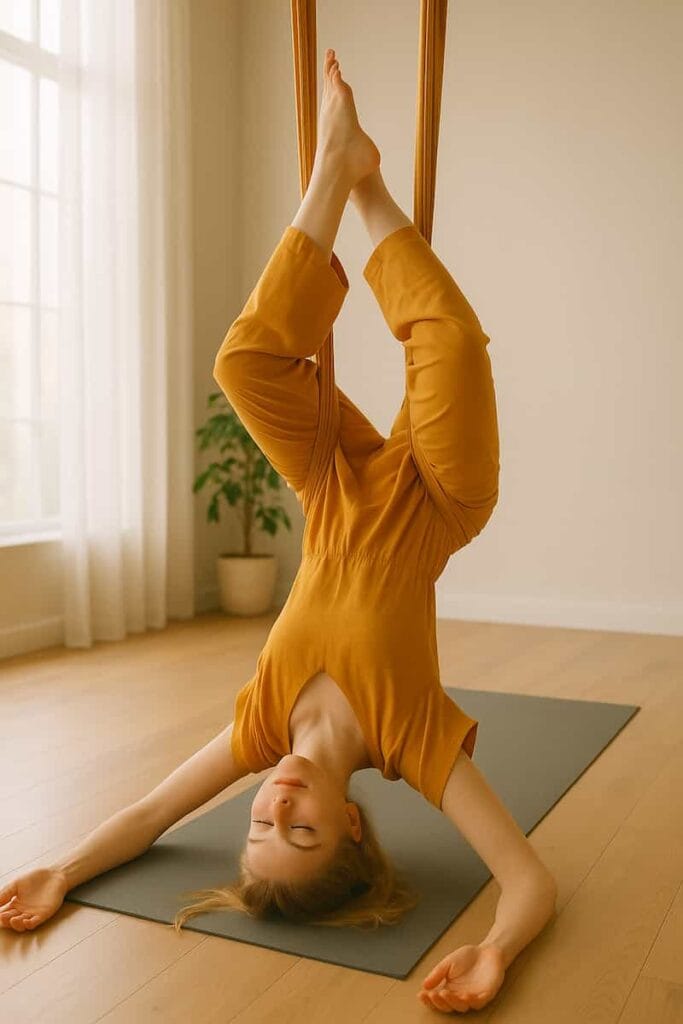 Beautiful 23-year-old girl with fair skin and blue eyes performing Aerial Yoga Inversion, suspended in a silk hammock.