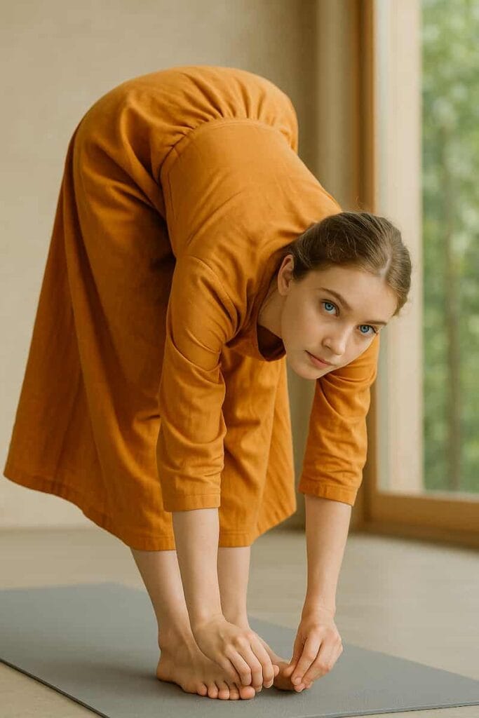 A woman practicing Padangusthasana pose in saffron dress.