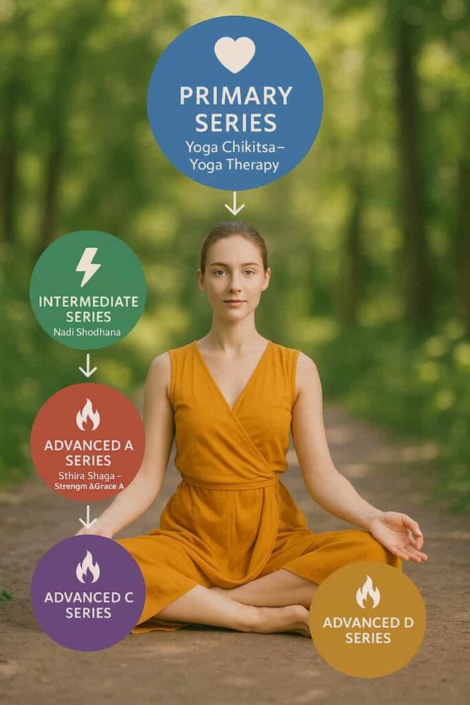 Infographic showing the six series of Ashtanga Yoga.