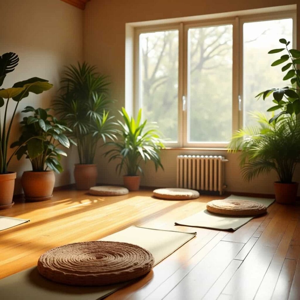 A serene studio with wooden floors and greenery.