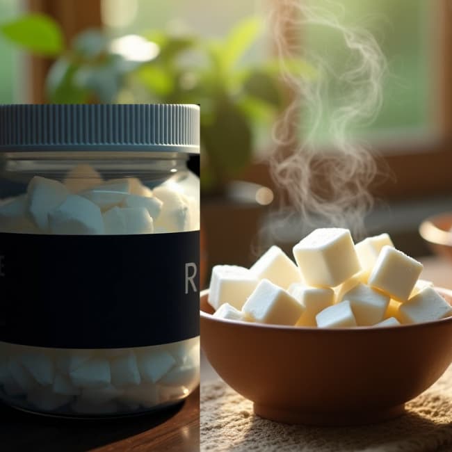 Transparent glass jar filled with natural camphor cubes used for home remedies and spiritual rituals